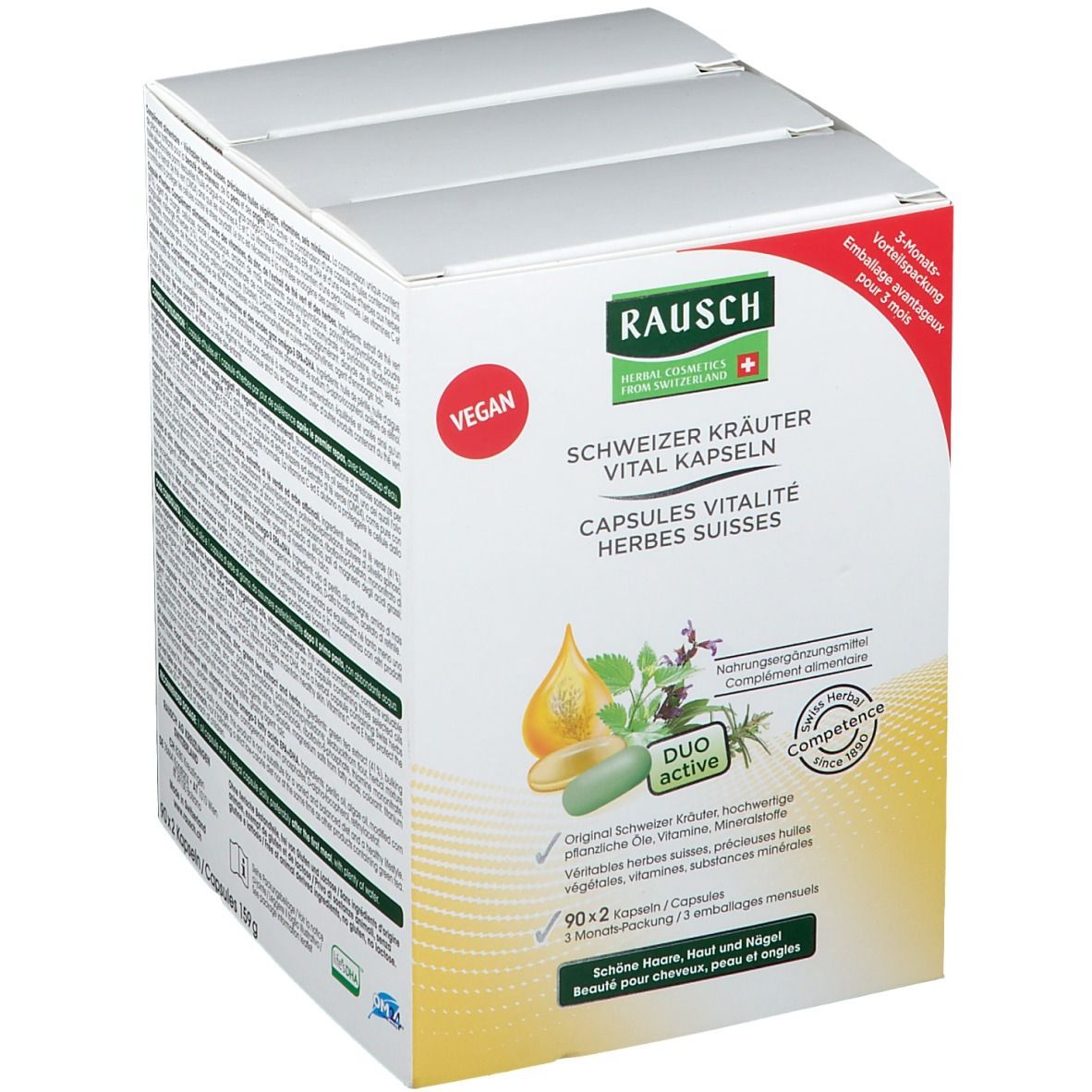 Kartonverpackung mit Kapseln. Text: Schweizer Kräuter Vitalkapseln. Vegan. Duo active. 90x2 Kapseln. 3 Monats-Packung.