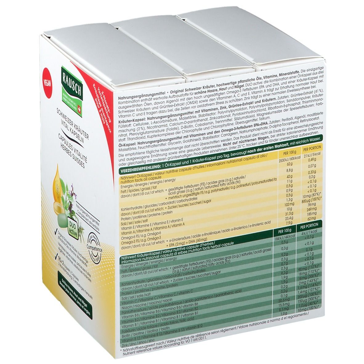 Rückseite der Kartonverpackung. Text: Schweizer Kräuter Vitalkapseln. Nährwertangaben. Inhaltsstoffe. Vegan. Swiss Herbal.