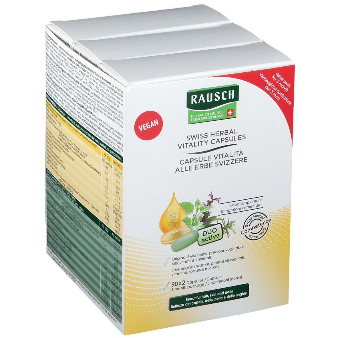 Kartonverpackung mit Kapseln. Text: Swiss Herbal Vitality Capsules. Vegan. Duo active. 90x2 Kapseln. 3 Monats-Packung.
