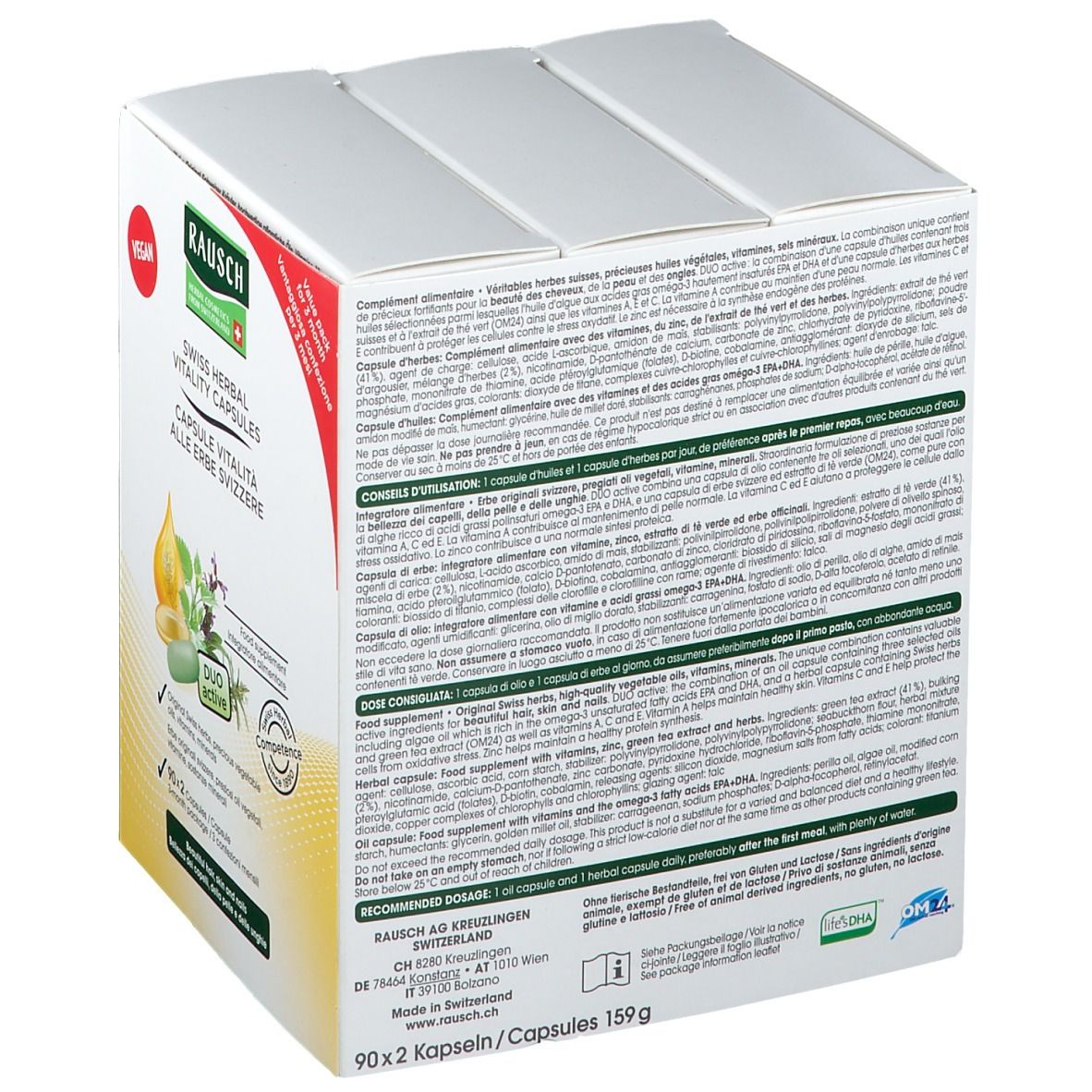 Rückseite der Kartonverpackung. Text: Swiss Herbal Vitality Capsules. Vegan. Inhaltsstoffe. Dosierung. Swiss Herbal.