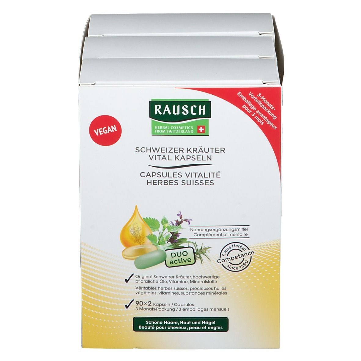 Kartonverpackung mit Kapseln. Text: Schweizer Kräuter Vitalkapseln. Vegan. Duo active. 90x2 Kapseln. 3 Monats-Packung.