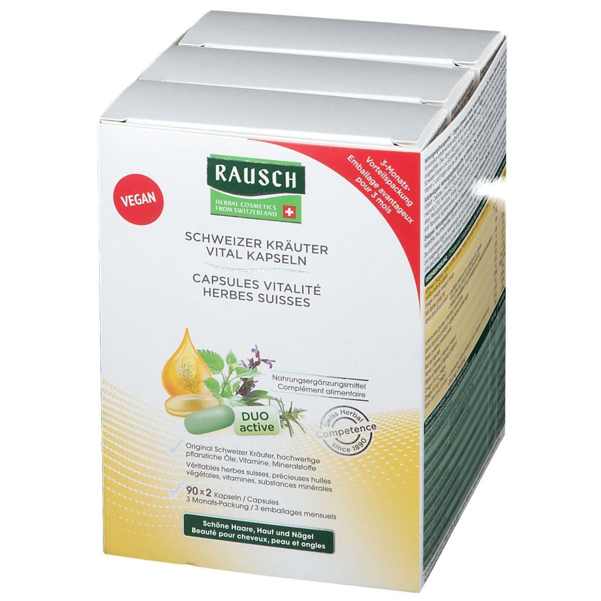 Kartonverpackung mit Kapseln. Text: Schweizer Kräuter Vitalkapseln. Vegan. Duo active. 90x2 Kapseln. 3 Monats-Packung.