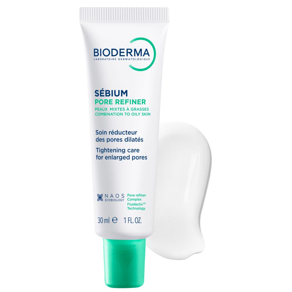 BIODERMA Sébium Pore Refiner Tube mit Produktprobe und 30 ml Inhalt.