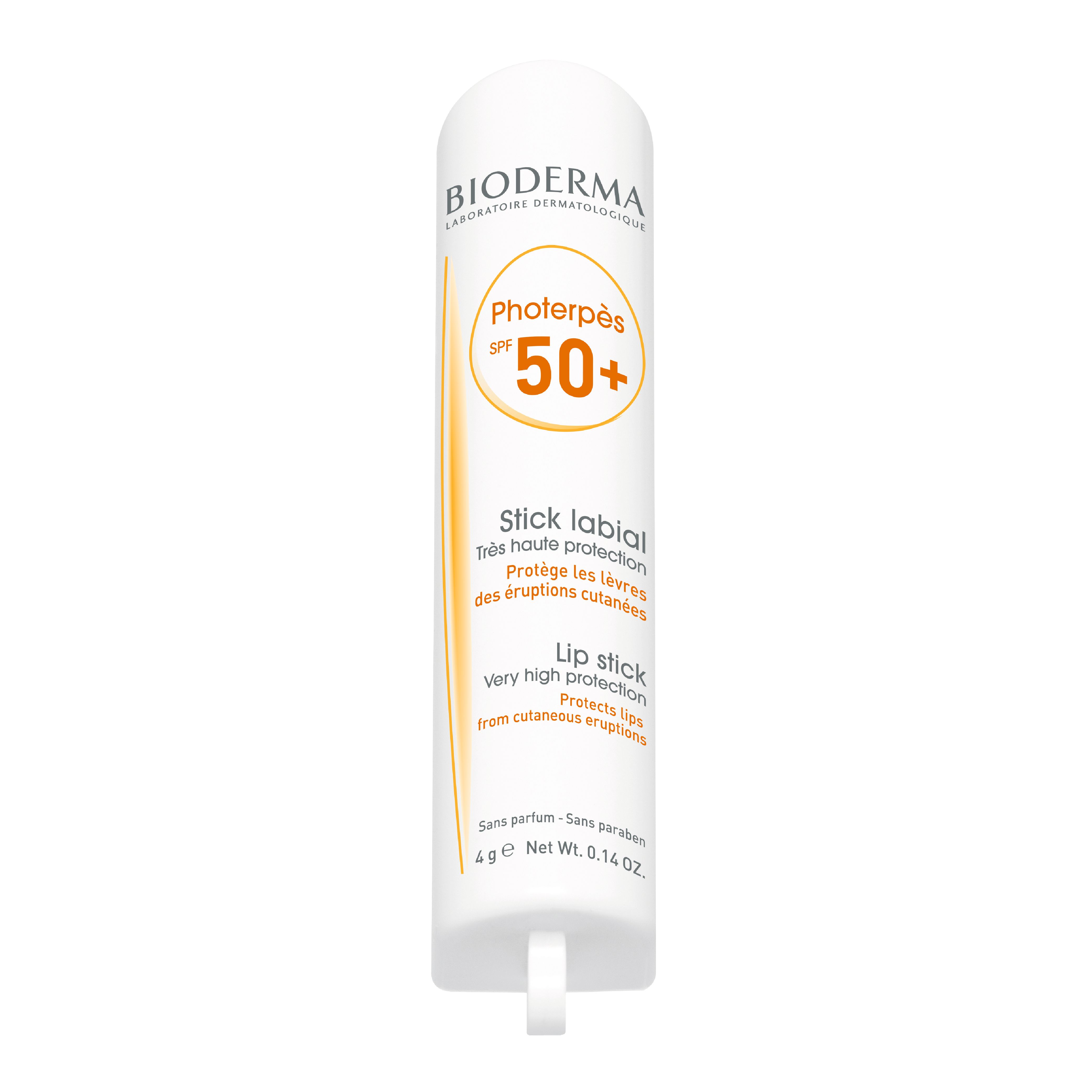 Weißer Lippenpflegestift mit gelben Akzenten. Aufschrift: BIODERMA, Photerpès SPF 50+. Text: Stick labial, Lip stick. Mit Ausziehlasche.