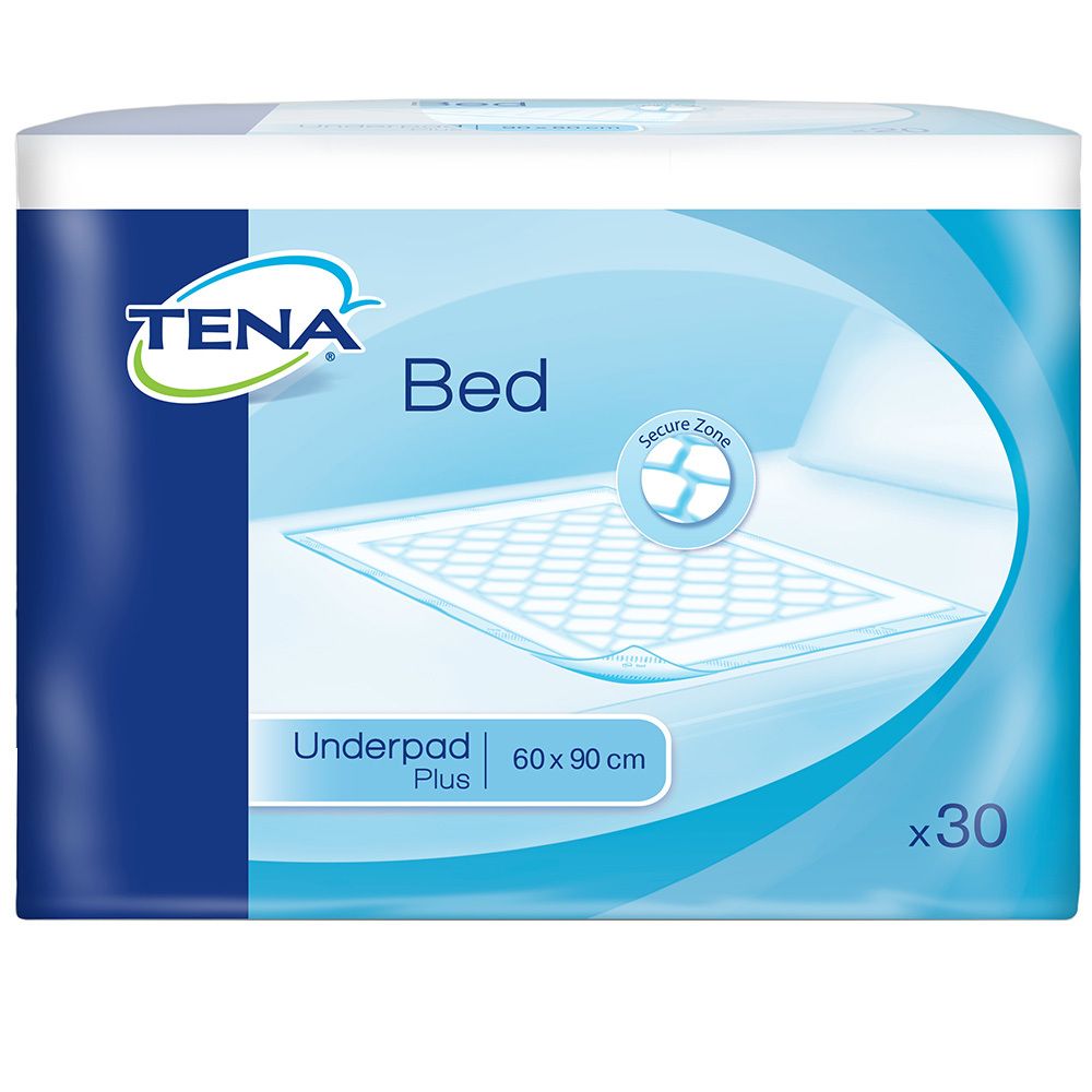 TENA Bed Plus Unterlage, 60x90 cm, in Verpackung. 30 Stück. Blaue Verpackung mit Produktbezeichnung und Logo.