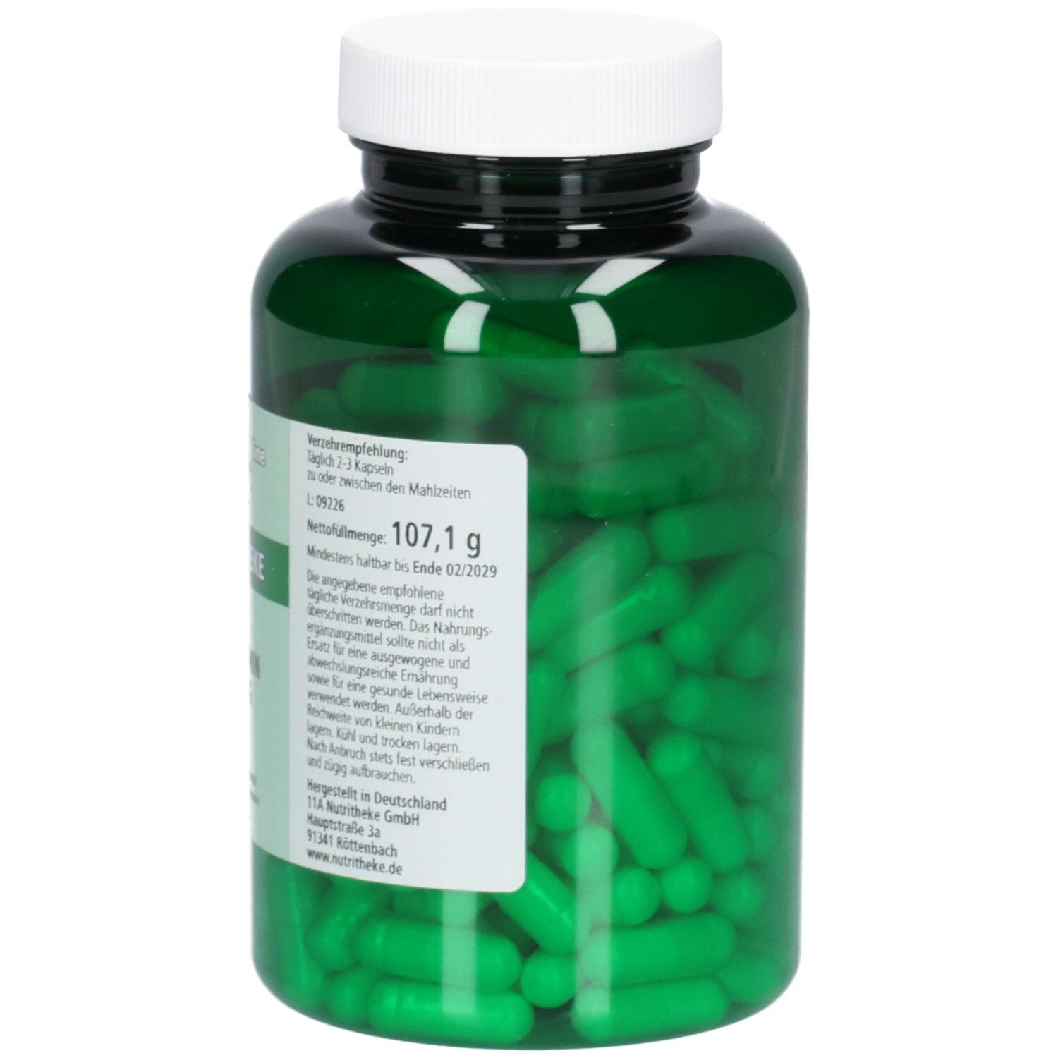 Rückseite einer grünen Plastikflasche mit weißen Etiketten. Enthält grüne Kapseln. Informationen zu Inhaltsstoffen und Dosierung.