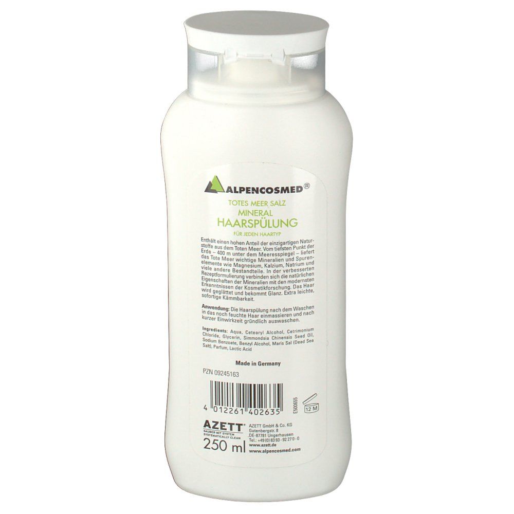 Rückseite der weißen Flasche. Text und Inhaltsstoffe. 250 ml. AZETT-Logo. Made in Germany. Barcode.