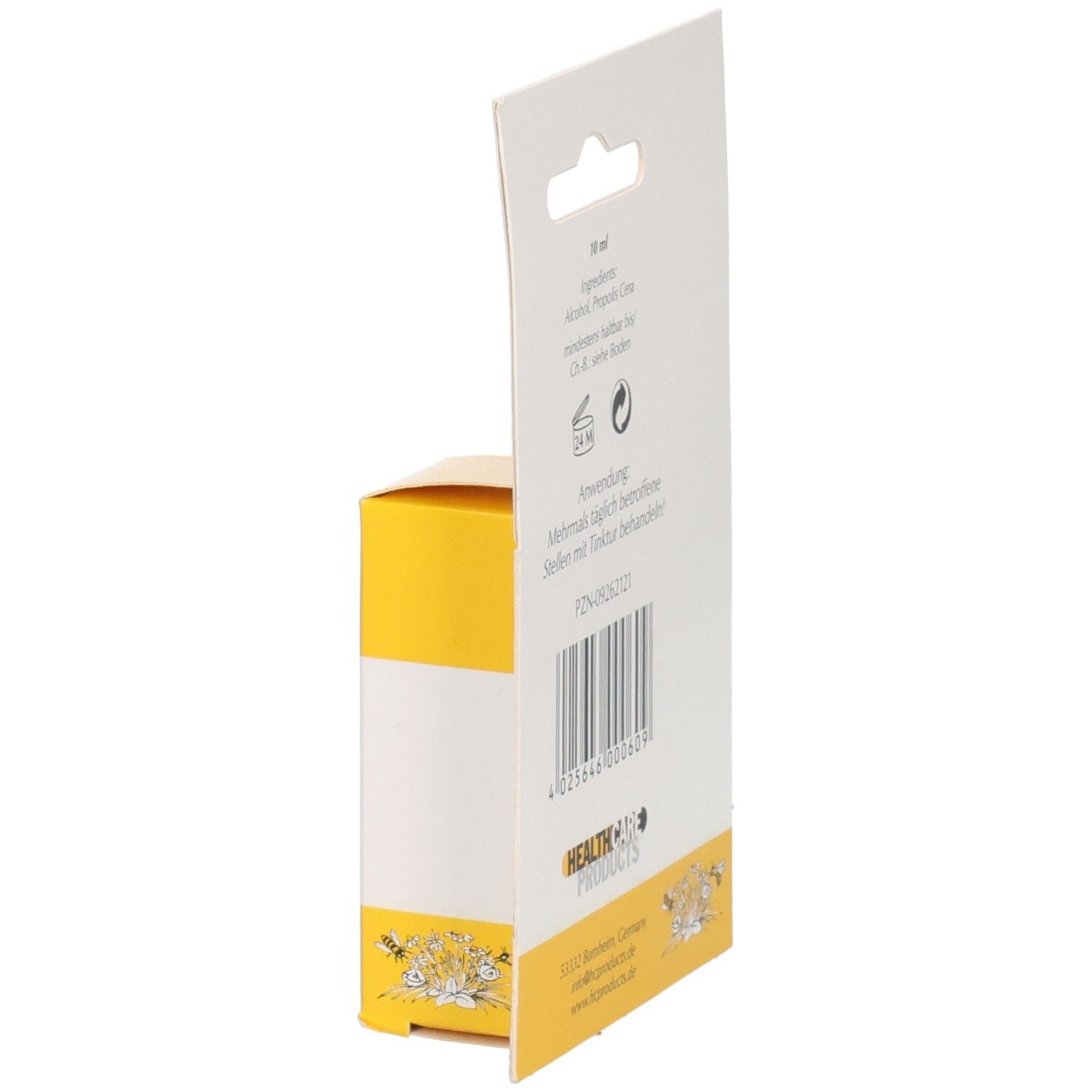 Seitenansicht der Verpackung mit Propolis Fußtinktur, 40% Propolis in Alkohol.