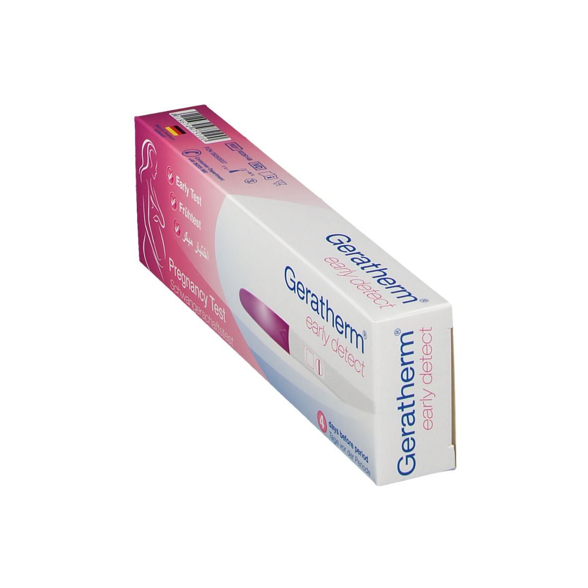 Schräg gestellte Verpackung von Geratherm early detect. Rosa-weiße Schachtel mit Teststreifen-Abbildung und Produktnamen.