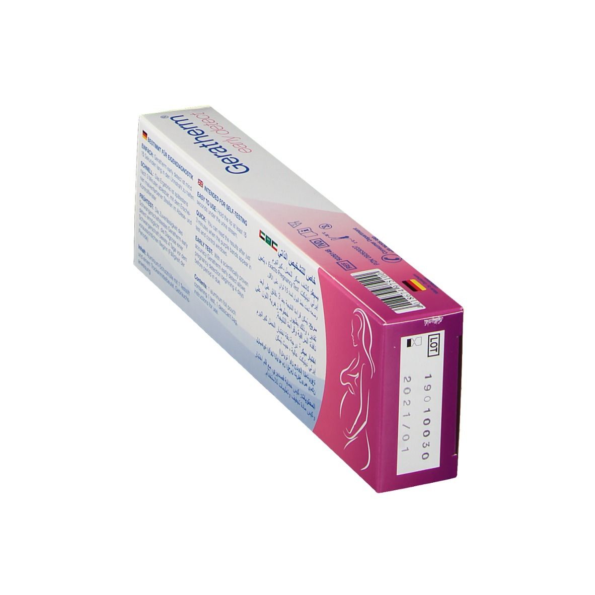 Schräg gestellte Rückseite der Geratherm early detect Verpackung. Text in mehreren Sprachen, Abbildung einer Frau.