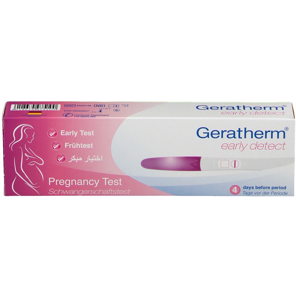 Geratherm early detect Schwangerschaftstest Verpackung. Rosa-weiße Schachtel mit Teststreifen-Abbildung und Produktnamen.