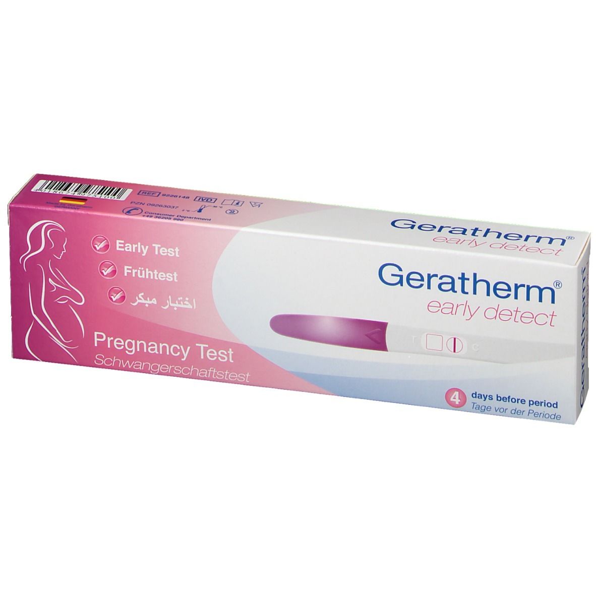 Geratherm early detect Verpackung. Rosa-weiße Schachtel mit Teststreifen-Abbildung und Produktnamen. Ansicht schräg.