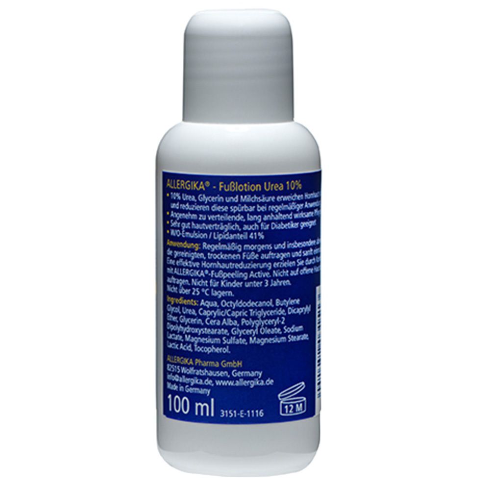 Rückseite der weißen Flasche. Text mit Inhaltsstoffen und Anwendungshinweisen. Aufschrift: ALLERGIKA®-Fußlotion Urea 10%.