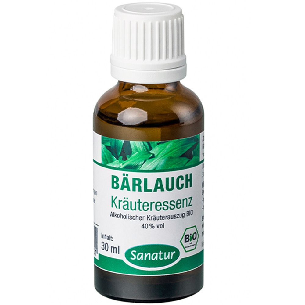 Sanatur Bio Bärlauch Kräuteressenz in Braunglasflasche mit weißem Schraubverschluss. Etikett mit grünen Blättern und Produktinformationen.