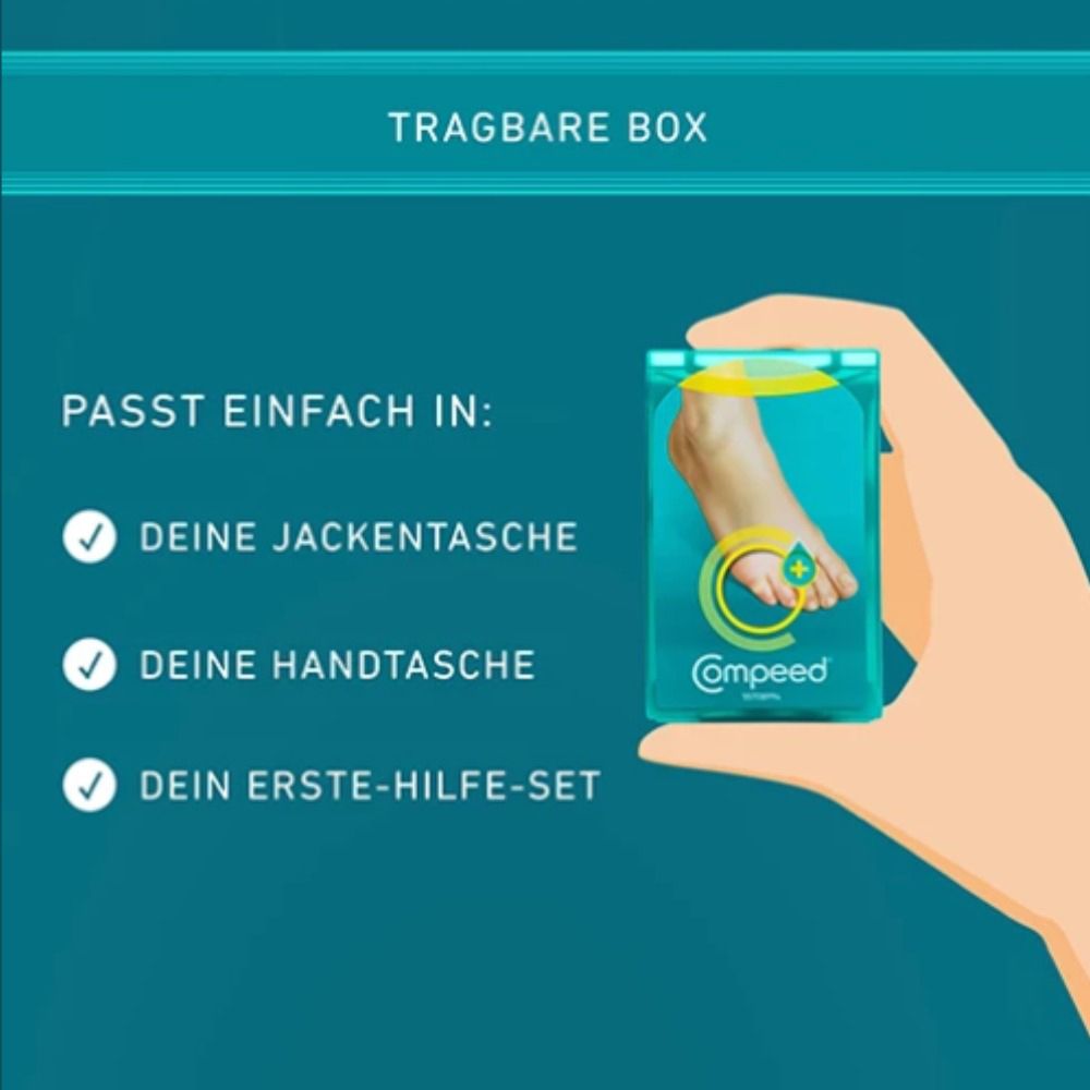 Hand hält die Compeed® Hühneraugenpflaster Medium Verpackung. Text: Passt in Jackentasche, Handtasche, Erste-Hilfe-Set.