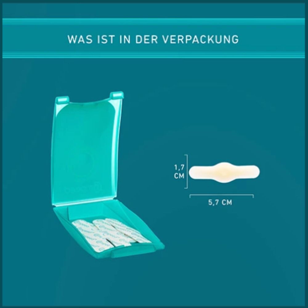 Geöffnete Compeed® Hühneraugenpflaster Medium Verpackung. Zeigt Pflaster und Größenangaben: 1,7 cm x 5,7 cm.
