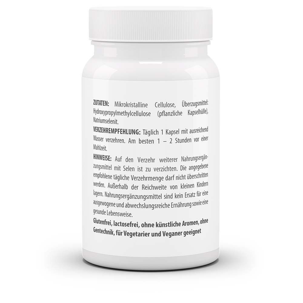 Rückseite der weißen Flasche. Angaben zu Inhaltsstoffen, Verzehrempfehlung, Hinweise, glutenfrei, lactosefrei, vegan.