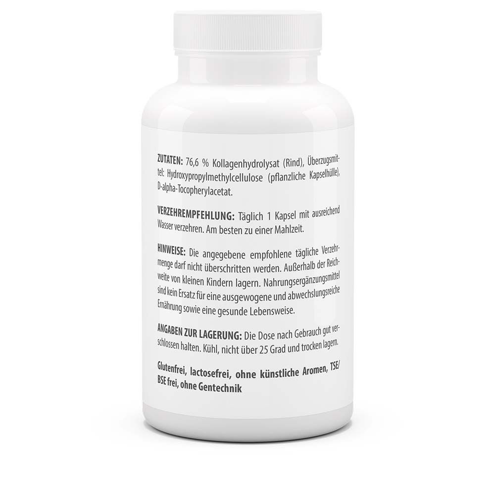 Rückseite der weißen Flasche. Angaben zu Inhaltsstoffen, Verzehrempfehlung, Lagerung und Hinweise. Glutenfrei, laktosefrei.