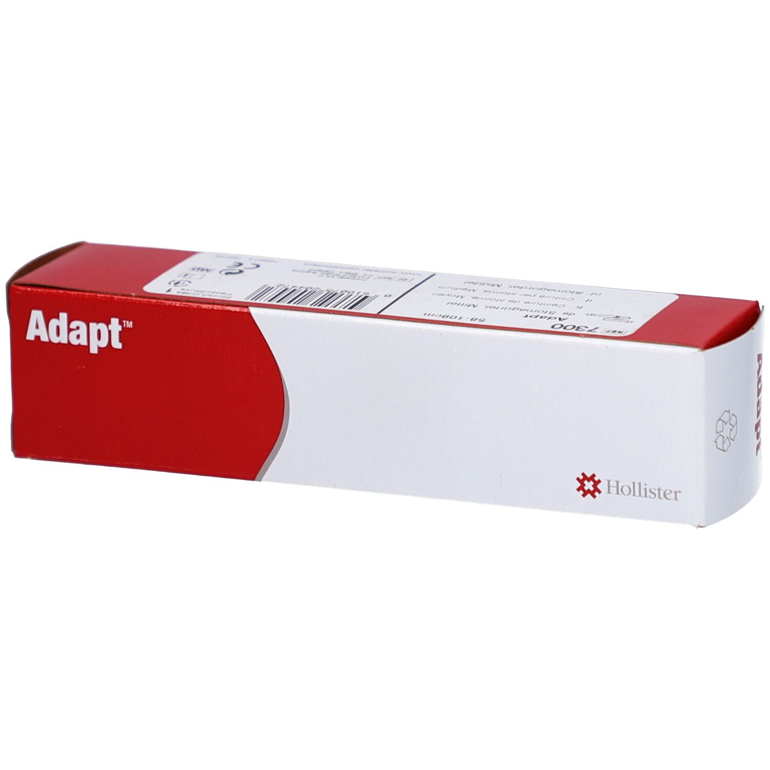 Weiße rechteckige Verpackung mit roter Fläche und "Adapt"-Schriftzug. Logo von Hollister. Barcode.