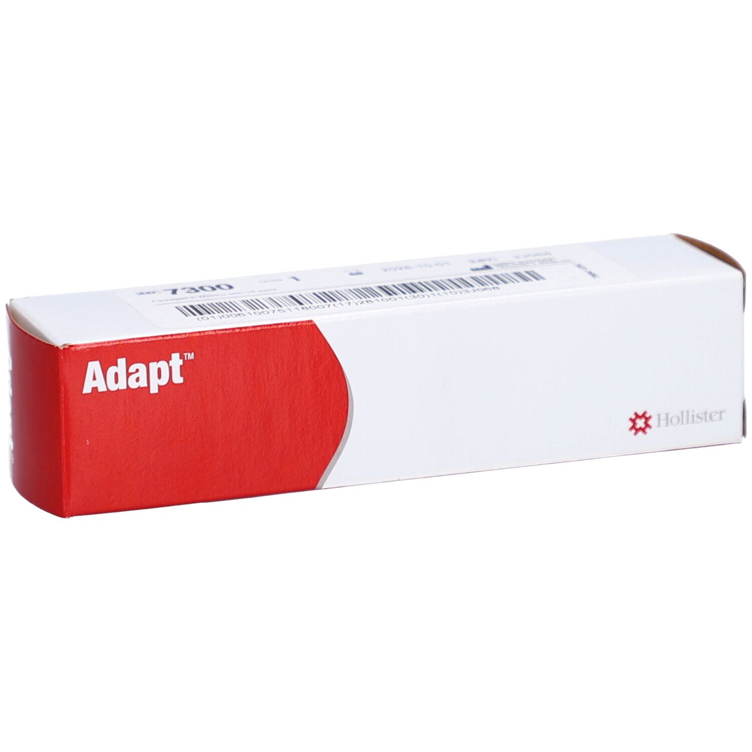 Weiße rechteckige Verpackung mit roter Fläche und "Adapt"-Schriftzug. Logo von Hollister. Barcode.