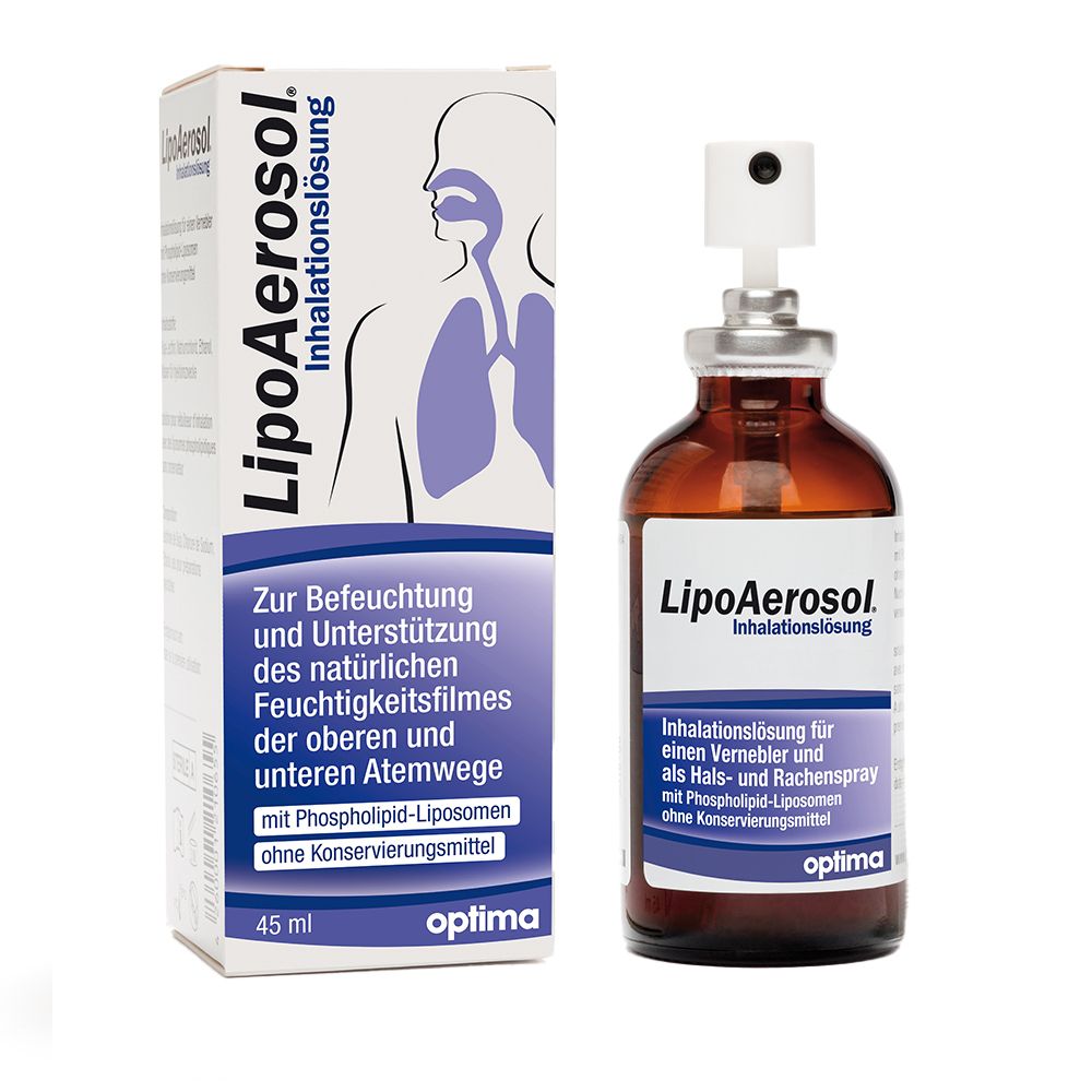 LipoAerosol Inhalationslösung in Flasche und Verpackung. Braunglasflasche mit Sprühkopf. Verpackung mit Produktname und Beschreibung.