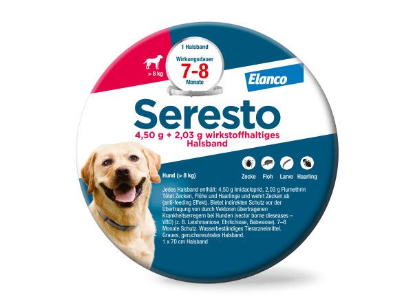 Seresto Halsband für Hunde über 8kg. Wirkungsdauer 7-8 Monate. Enthält 4,50g Imidacloprid, 2,03g Flumethrin.