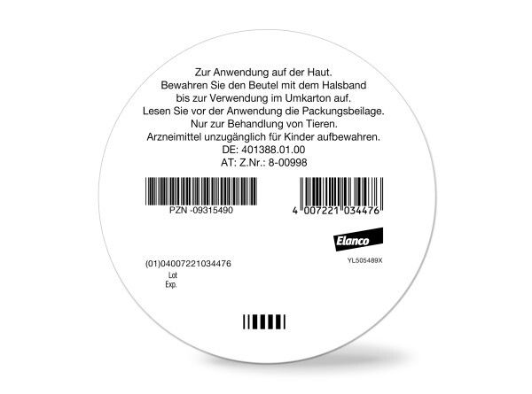 Runder Aufkleber mit Anwendungs- und Warnhinweisen, Barcodes und Elanco-Logo.