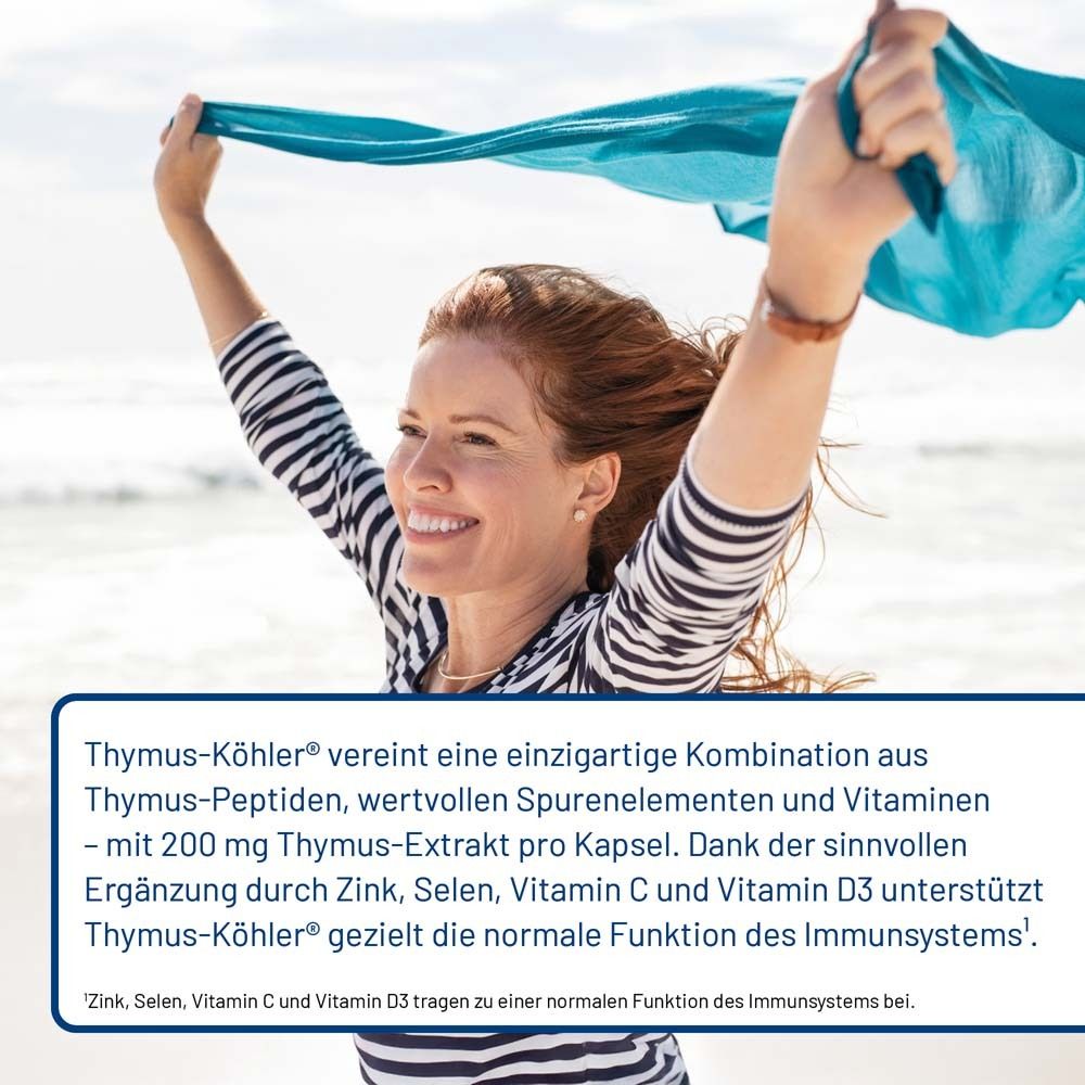 Frau am Strand mit blauem Tuch. Text: Thymus-Köhler, wertvolle Spurenelemente und Vitamine, 200 mg Thymus-Extrakt.