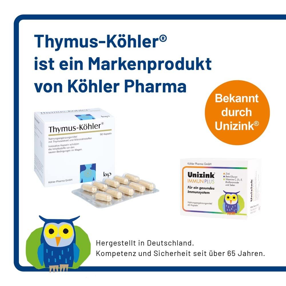 Produktverpackung und weitere Produkte. Text: Thymus-Köhler, Markenprodukt von Köhler Pharma. Hergestellt in Deutschland.
