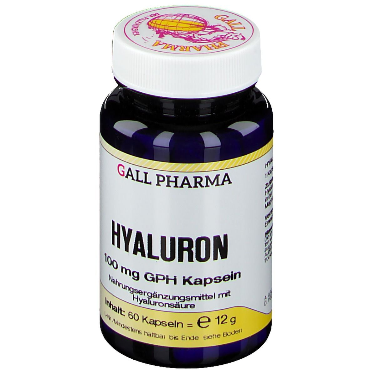 Dunkelblaue Flasche mit weißem Deckel. Aufschrift: GALL PHARMA, HYALURON 100 mg GPH Kapseln. Inhalt: 60 Kapseln.