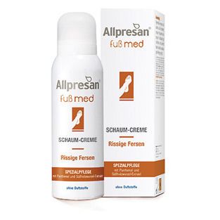 Allpresan Fuß med Schaum-Creme und Verpackung. Weiß, mit braunen Akzenten und Schrift.