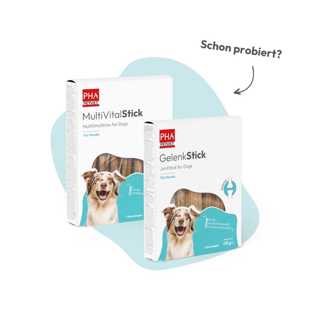 Zwei Verpackungen von PHA Produkten. MultiVitalStick und GelenkStick für Hunde.