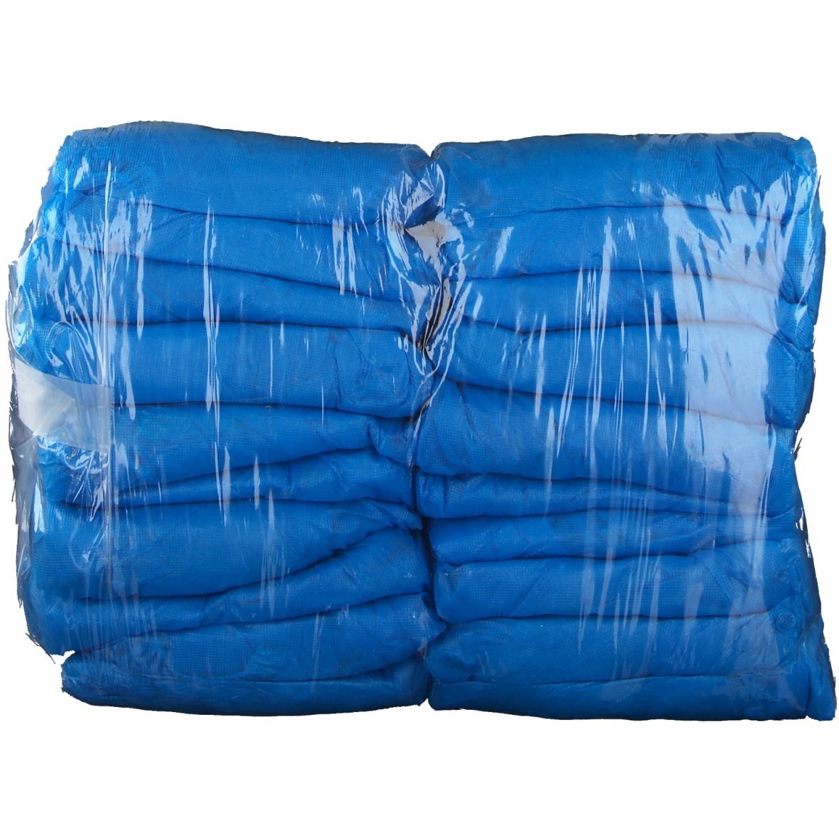 Zwei Packungen blaue NOBASHUCO® Überschuhe in transparenter Folie verpackt. Stapelbar.