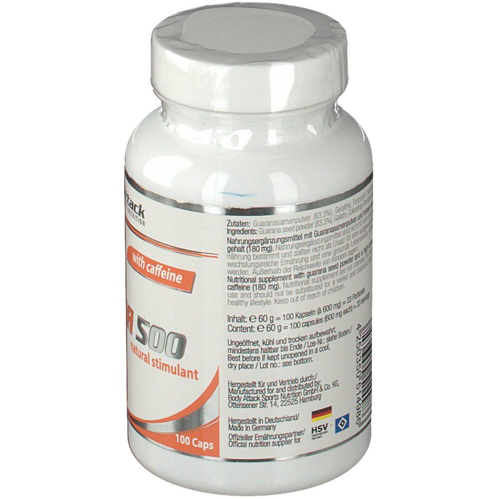 Weiße Flasche mit Etikett. Aufschrift: GUARANA 500, mit Koffein. Enthält 100 Kapseln. Rückseite mit Inhaltsangaben.