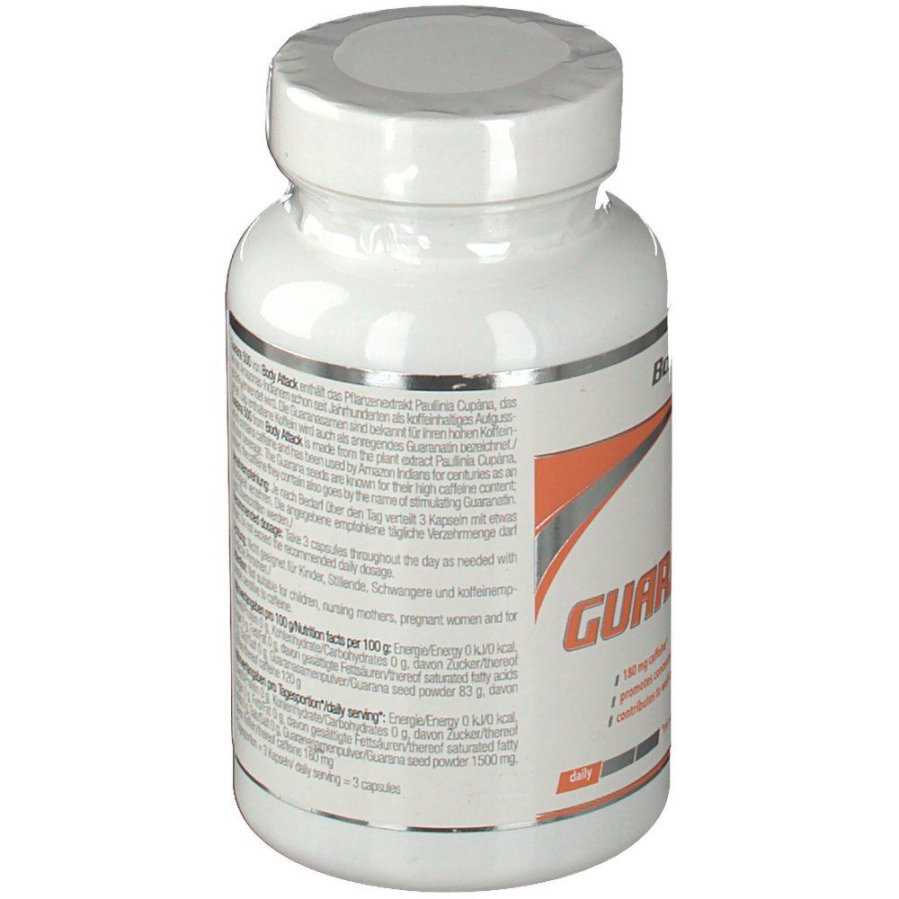 Weiße Flasche mit Etikett. Aufschrift: GUARANA 500. Rückseite mit Inhaltsangaben und Nährwertangaben. 100 Kapseln.