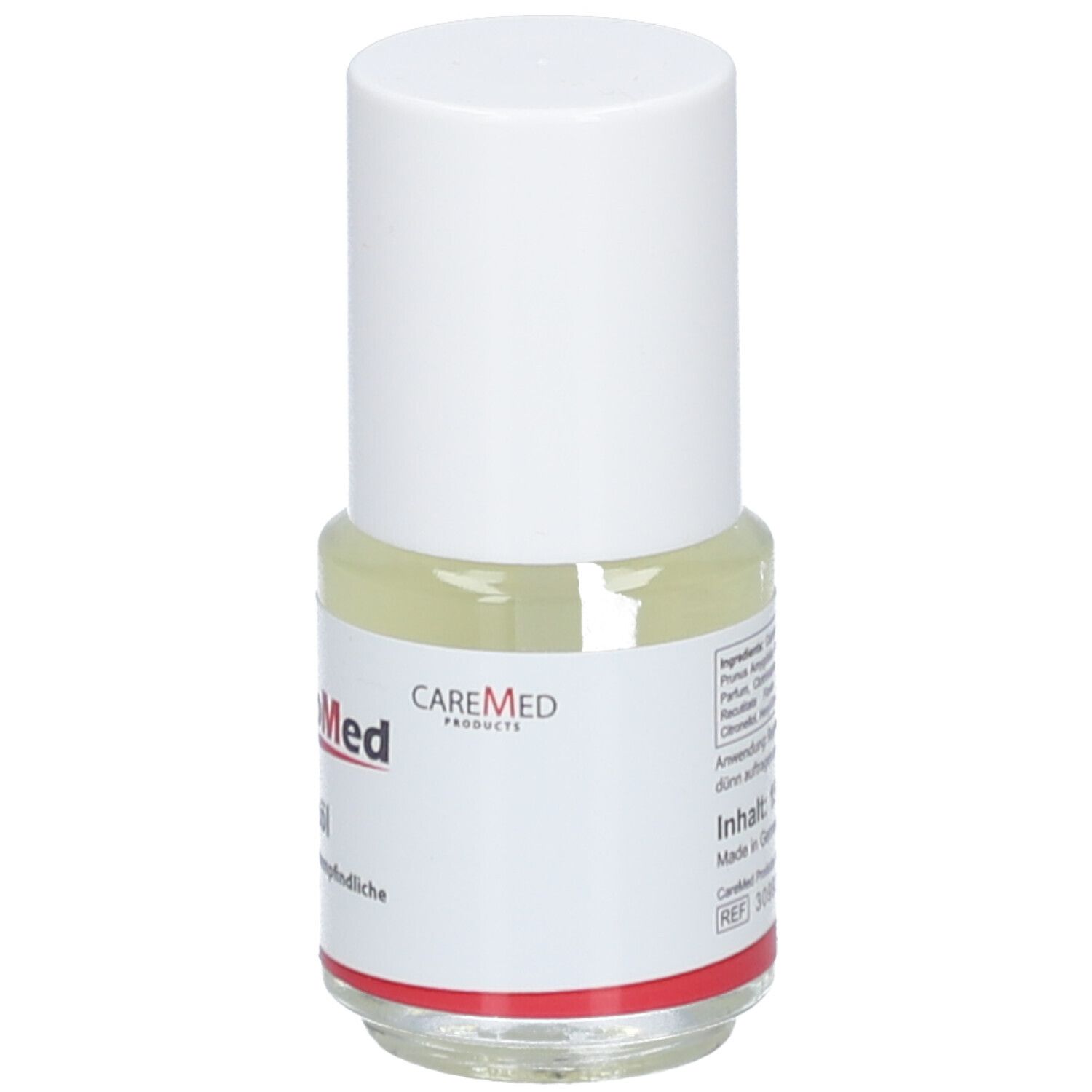 Nagelöl-Fläschchen mit weißem Deckel. Etikett mit Produktnamen und CAREMED-Logo.