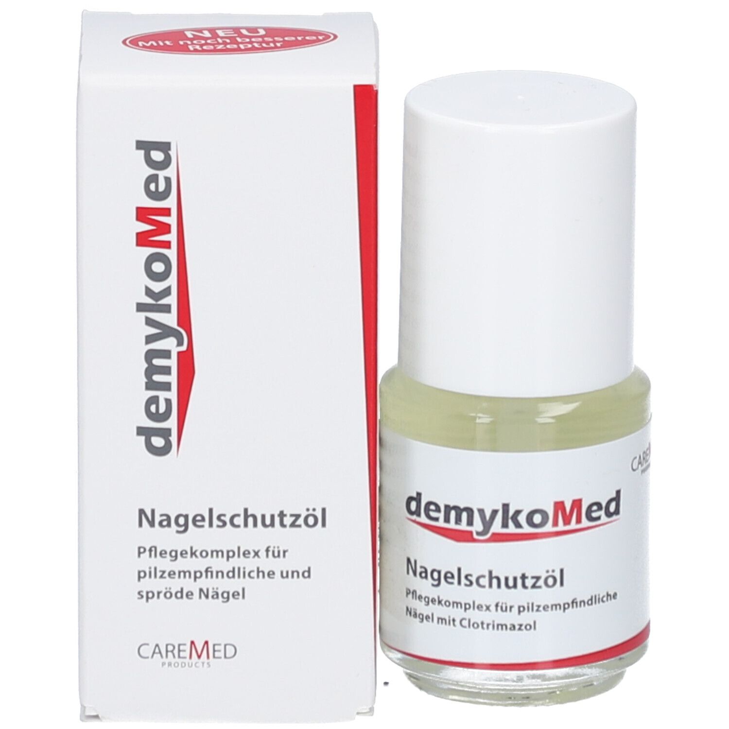 Nagelöl-Fläschchen neben einer weißen Verpackung. Auf der Verpackung steht der Produktname.