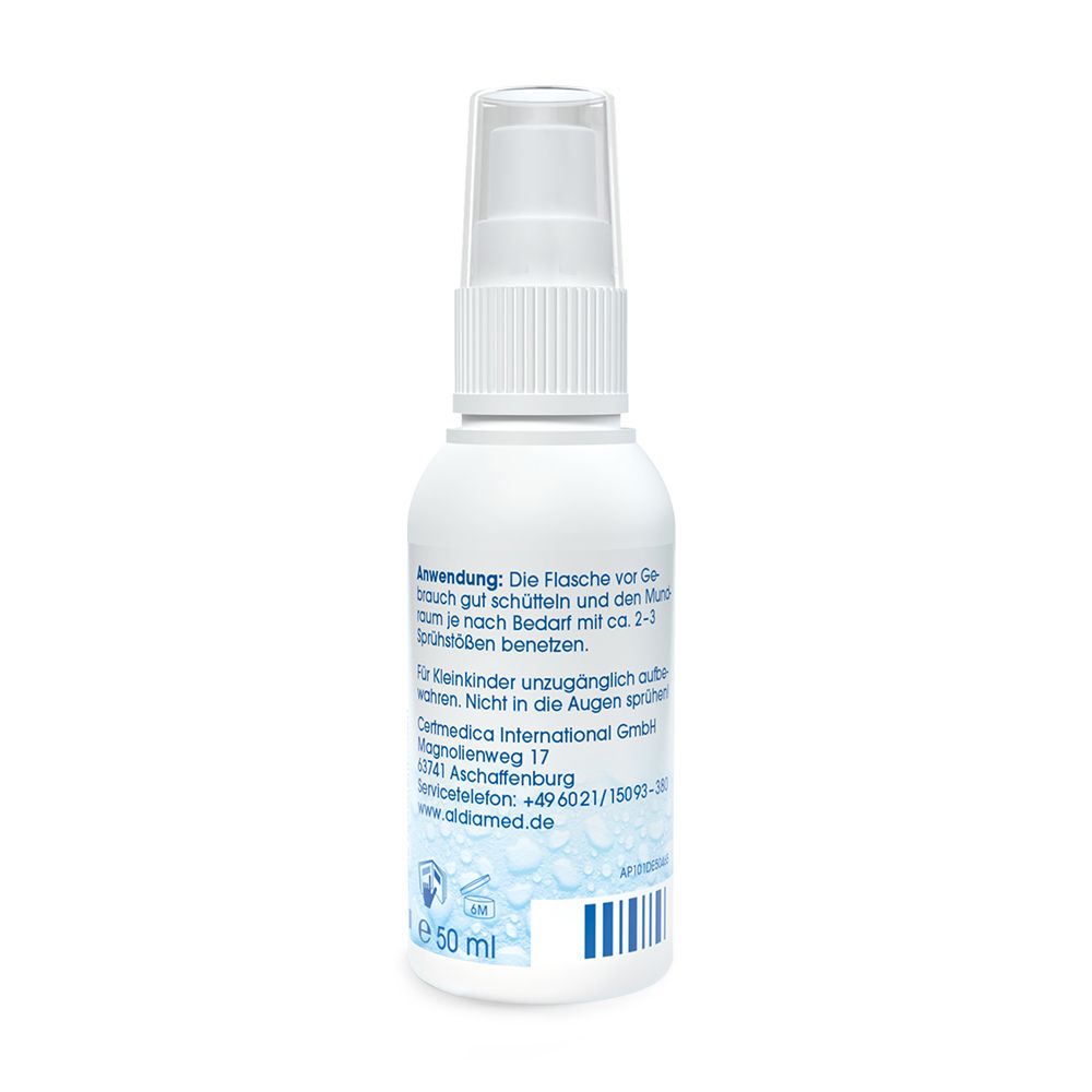Weiße Sprühflasche mit klarem Verschluss, 50 ml. Enthält Anwendungshinweise und Herstellerinformationen.