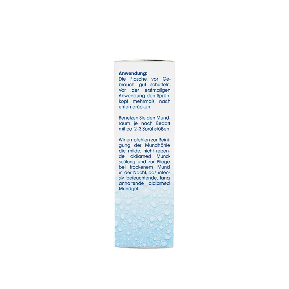 Verpackung mit Anwendungshinweisen für ein Mundgel, mit Wassertropfenmuster.