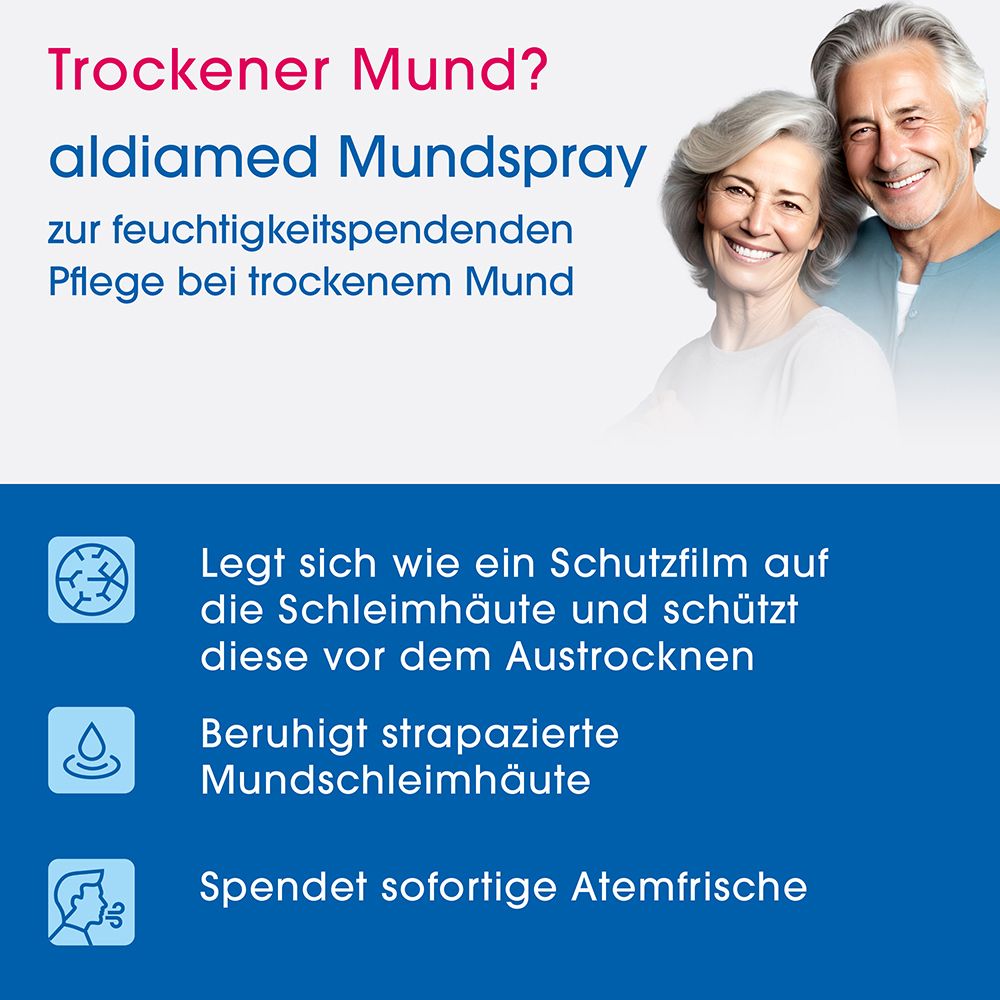 Aldiamed Mundspray für trockenen Mund. Ein älteres Paar lächelt. Icons zeigen Schutzfilm, Beruhigung und frischen Atem.