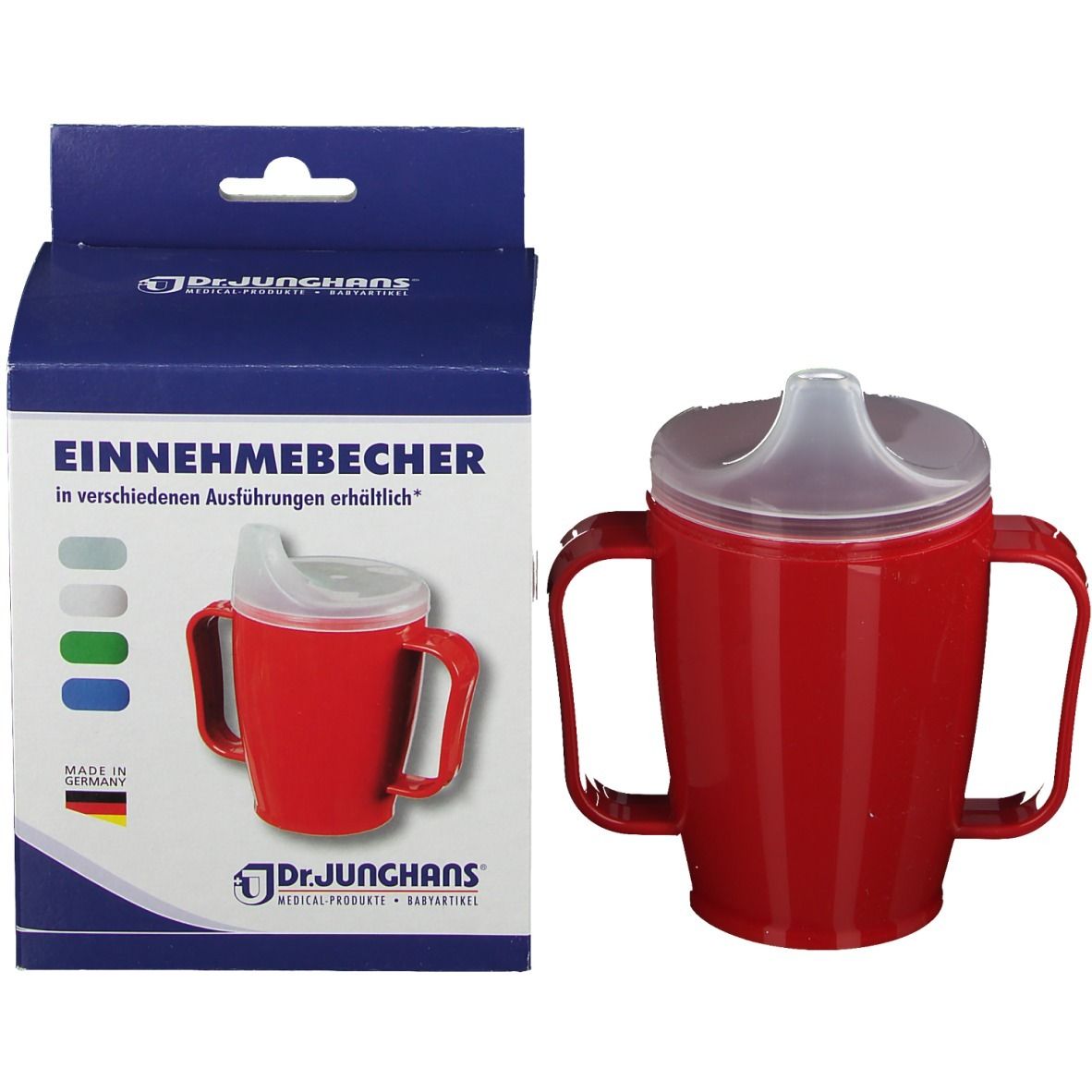 Dr. Junghans Einnehmebecher mit Griff und Deckel, rot. Verpackung und Produkt nebeneinander.