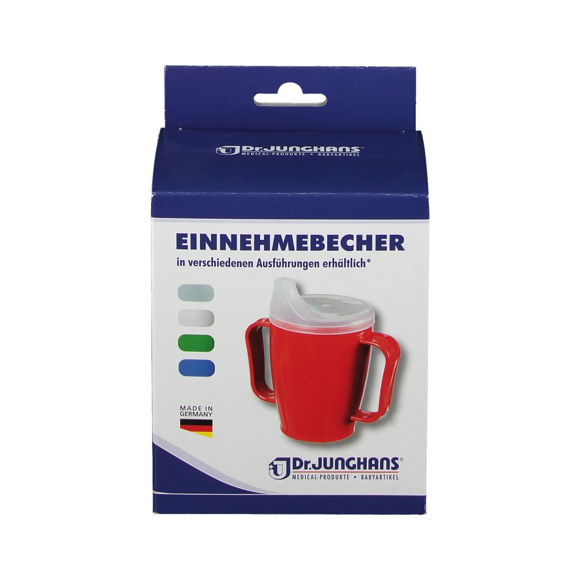 Verpackung des Dr. Junghans Einnehmebechers. Roter Becher mit Griff und Deckel. Verschiedene Farben.