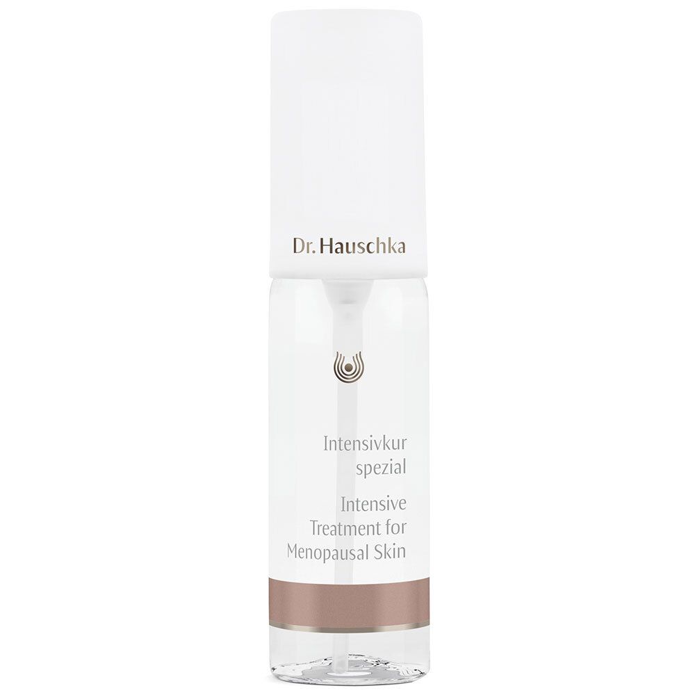 Dr. Hauschka Intensivkur spezial. Weiße Flasche mit Sprühkopf. Brauner Streifen. Text: Intensive Treatment for Menopausal Skin.