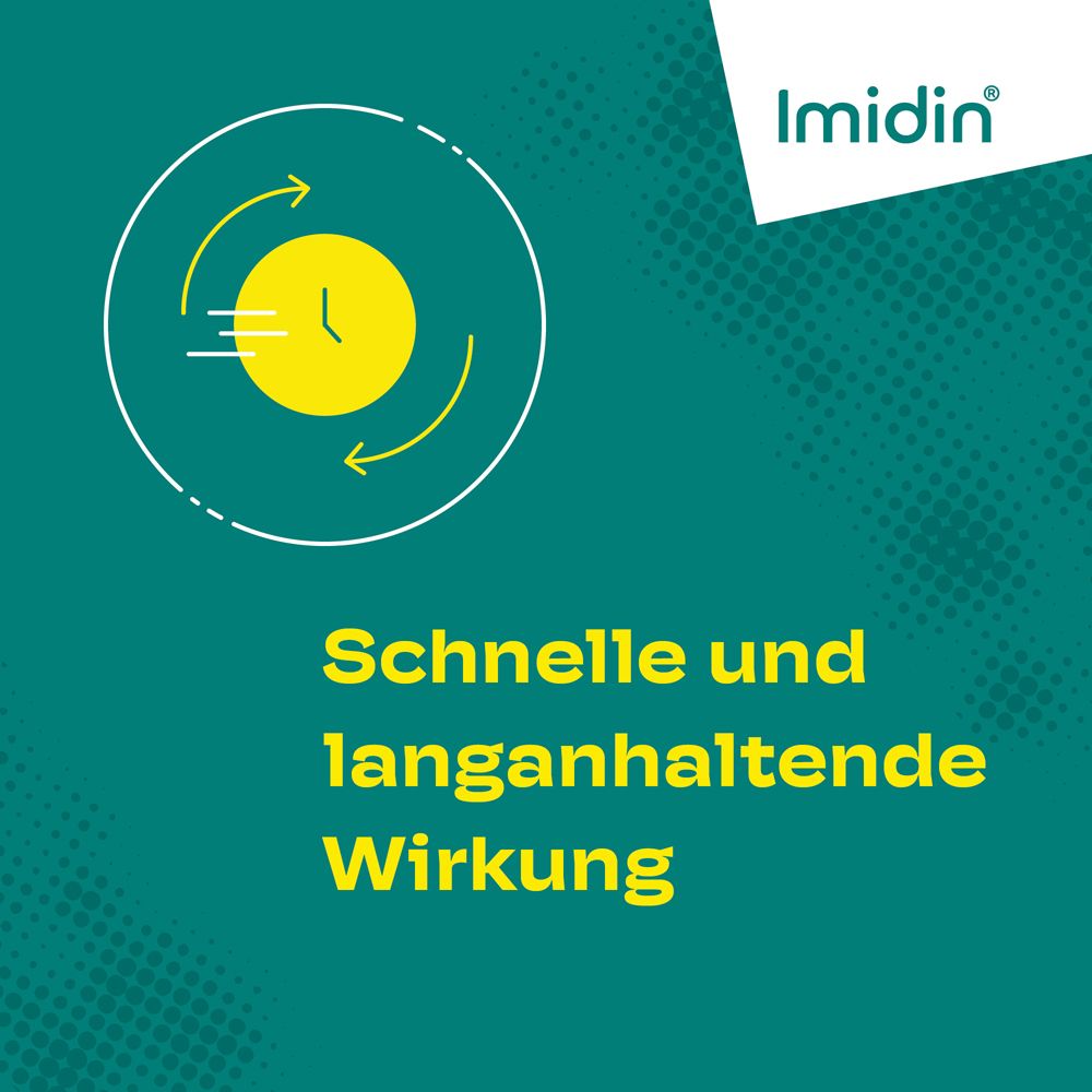 Kreis mit Pfeilen und Uhr. Text: Schnelle und langanhaltende Wirkung. Logo: Imidin.