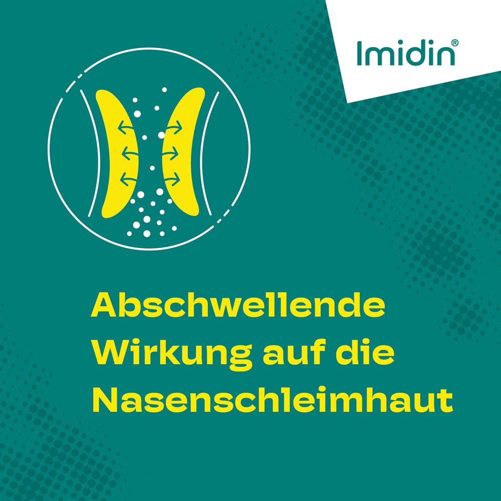 Grafik mit Pfeilen und Nasenhöhlen. Text: Abschwellende Wirkung auf die Nasenschleimhaut. Logo: Imidin.