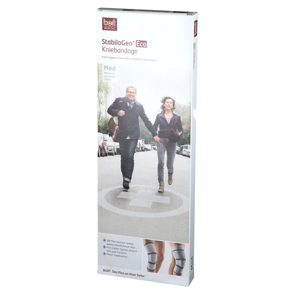 Kniebandagen-Verpackung. Aufdruck: Produktname, Personen auf Straße, Produktabbildung, Größe.