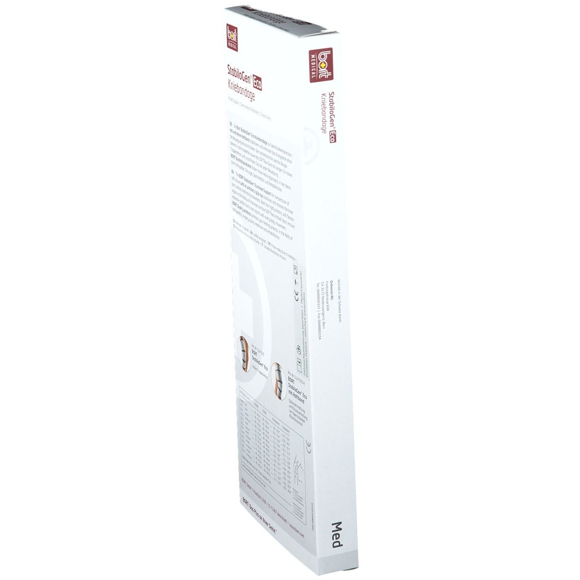 Verpackung der Kniebandage BORT StabiloGen® Eco. Rückseite mit Produktinformationen und Größentabelle. Logo und Produktname.