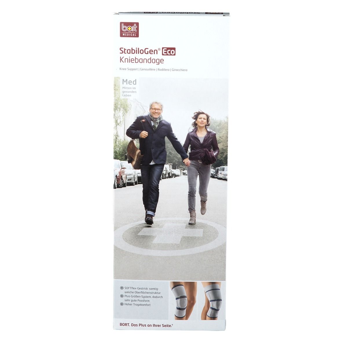 Verpackung der Kniebandage BORT StabiloGen® Eco. Aufdruck: Produktname, Logo, Abbildung von Personen und Kniebandage.
