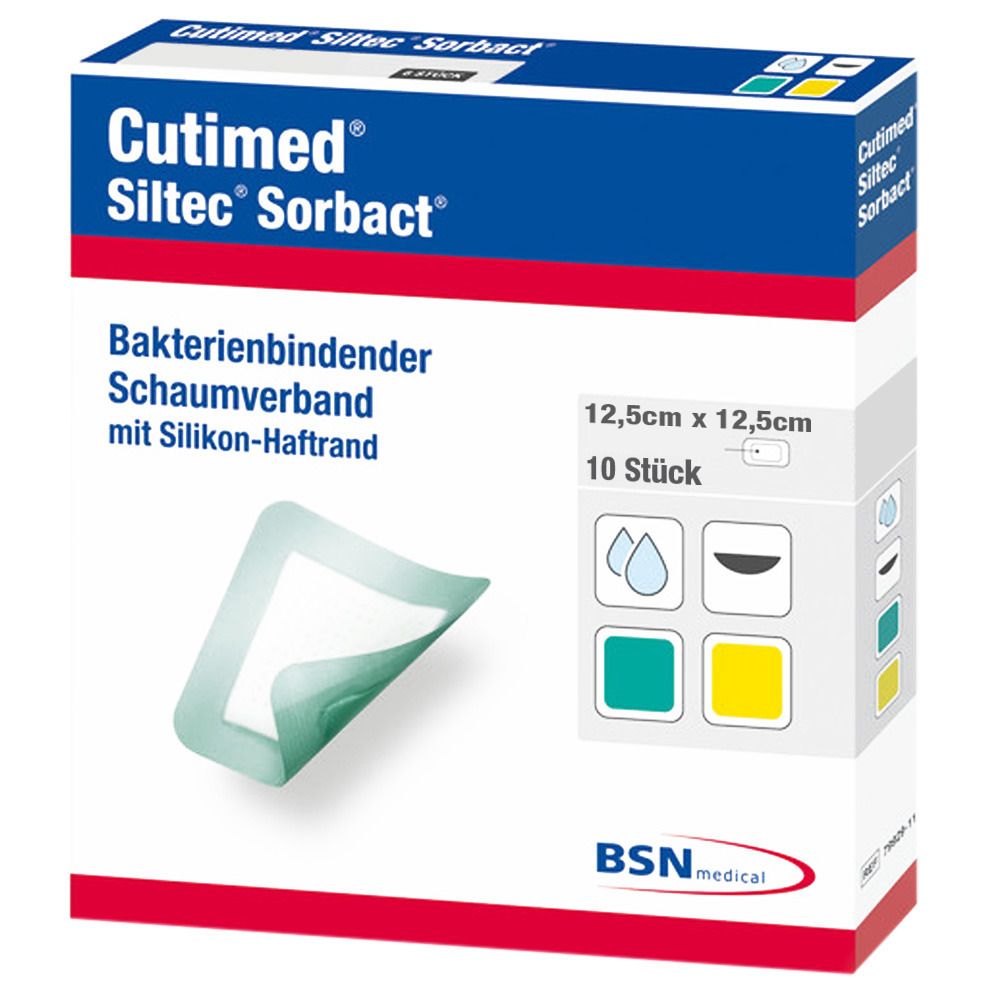 Verpackung von Cutimed Siltec Sorbact. Enthält 10 Stück, 12,5 cm x 12,5 cm. Aufschrift: Bakterienbindender Schaumverband mit Silikon-Haftrand. BSN medical Logo.