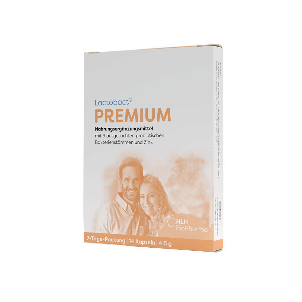 Lactobact PREMIUM-Packung. Nahrungsergänzungsmittel mit 9 Bakterienstämmen und Zink. 7-Tage-Packung mit 14 Kapseln. Abgebildet: Paar.